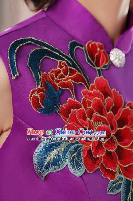 Chinese Catwalks Costume Classical Dance Cheongsam Stage Show Embroidery Peony Purple Satin Qipao Dress