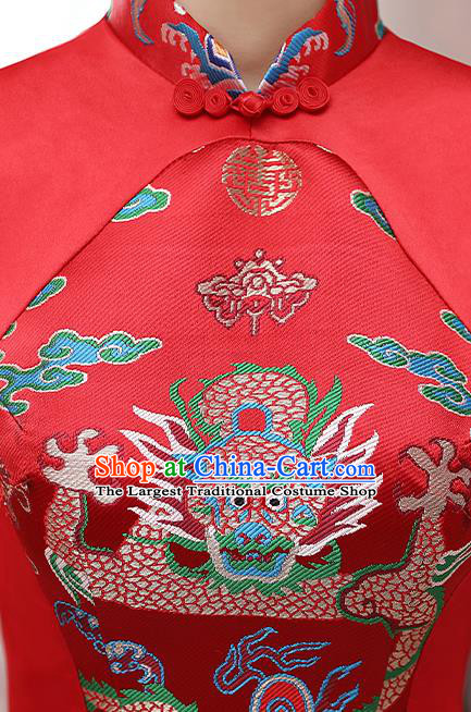 Chinese Catwalks Wedding Costume Stage Show Fishtail Qipao Dress Red Brocade Cheongsam