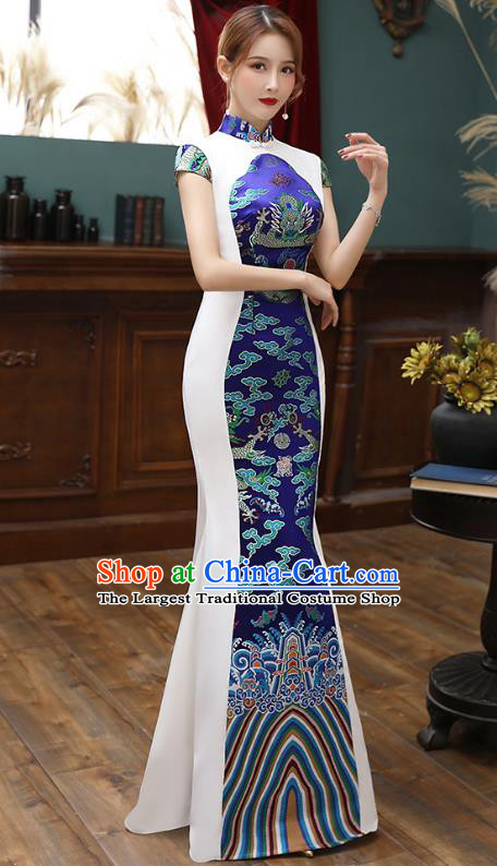 Chinese Royalblue Brocade Cheongsam Modern Catwalks Costume Stage Show Fishtail Qipao Dress