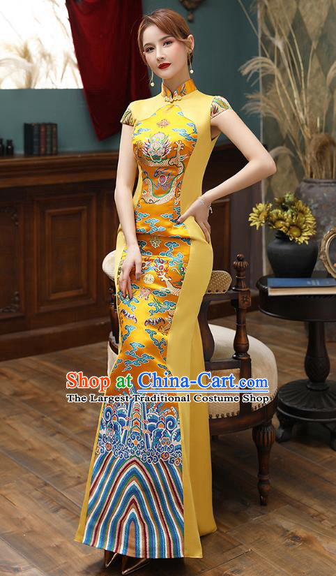 Chinese Stage Show Fishtail Qipao Dress Golden Brocade Cheongsam Modern Catwalks Costume