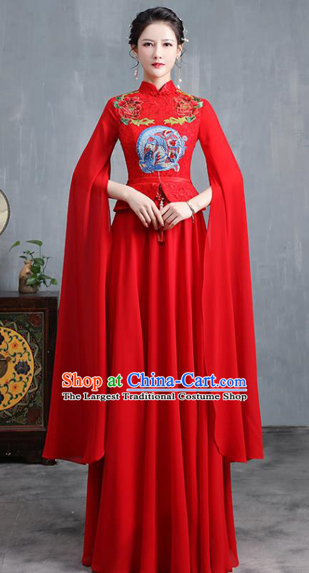 Chinese Embroidered Wedding Red Lace Cheongsam Modern Dance Costume Stage Show Qipao Dress