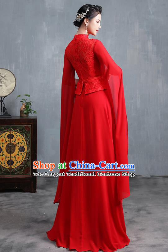 Chinese Embroidered Wedding Red Lace Cheongsam Modern Dance Costume Stage Show Qipao Dress