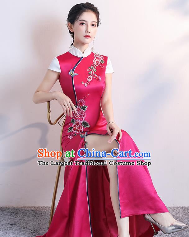 Chinese Embroidered Rosy Satin Cheongsam Modern Dance Costume Stage Show Fishtail Qipao Dress