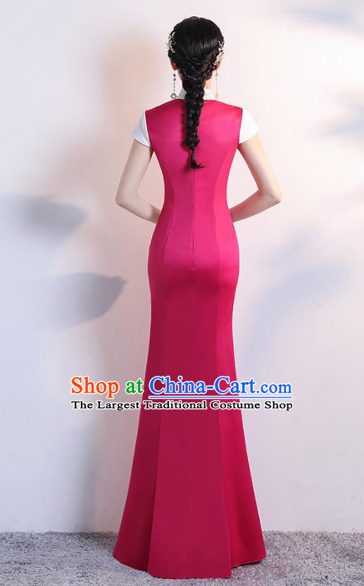 Chinese Embroidered Rosy Satin Cheongsam Modern Dance Costume Stage Show Fishtail Qipao Dress