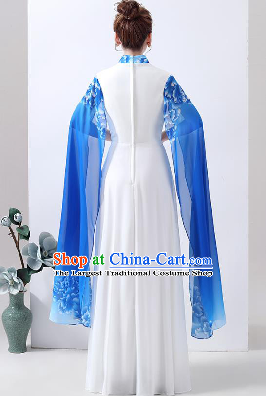 Chinese Chorus Performance Costume Printing Peony Blue Qipao Dress Classical Dance Cheongsam