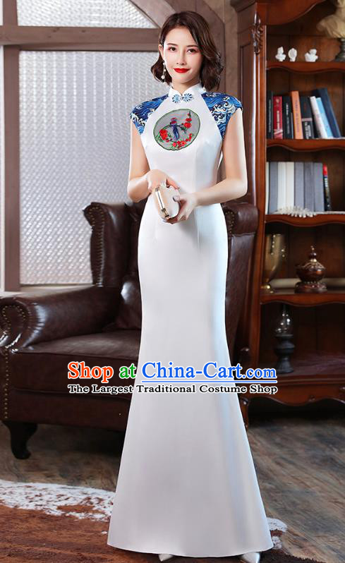 Chinese Modern Embroidery White Cheongsam Catwalks Costume Stage Show Fishtail Qipao Dress
