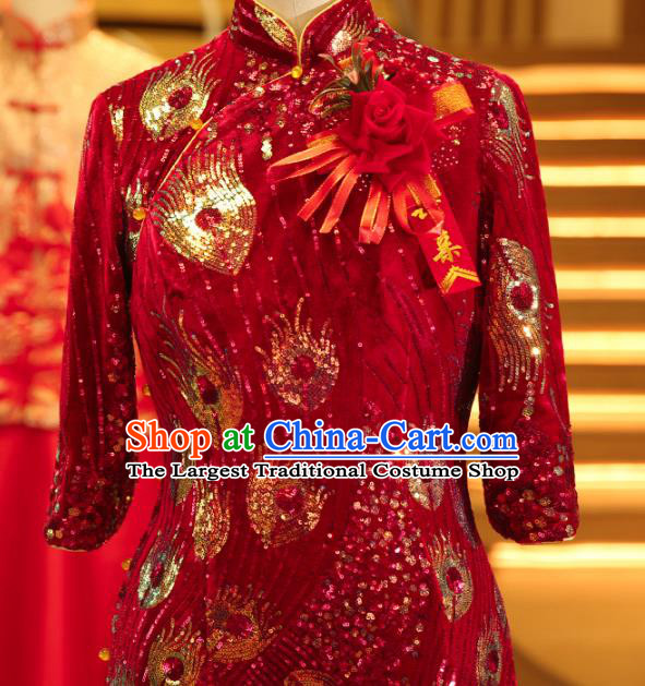 Chinese Traditional Mother Red Qipao Dress Wedding Elderly Woman Velvet Cheongsam