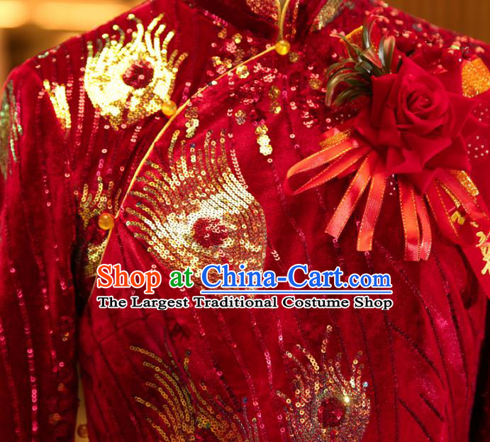 Chinese Traditional Mother Red Qipao Dress Wedding Elderly Woman Velvet Cheongsam