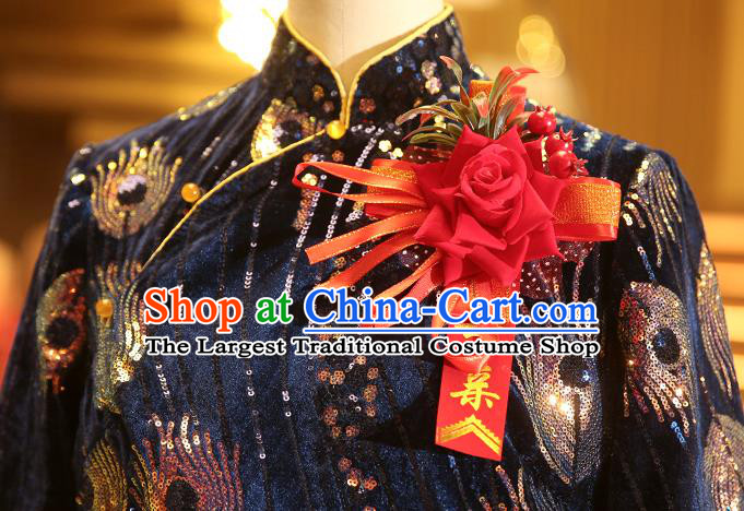 Chinese Wedding Elderly Woman Velvet Cheongsam Traditional Mother Navy Qipao Dress