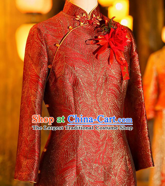 Chinese Elderly Woman Red Brocade Cheongsam Traditional Wedding Mother Qipao Dress