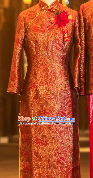 Chinese Elderly Woman Red Brocade Cheongsam Traditional Wedding Mother Qipao Dress
