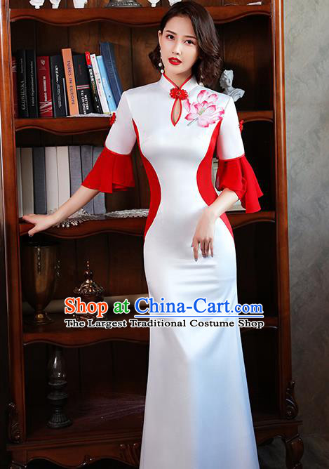 Chinese Modern Embroidery Lotus Cheongsam Catwalks Costume Stage Show White Satin Qipao Dress