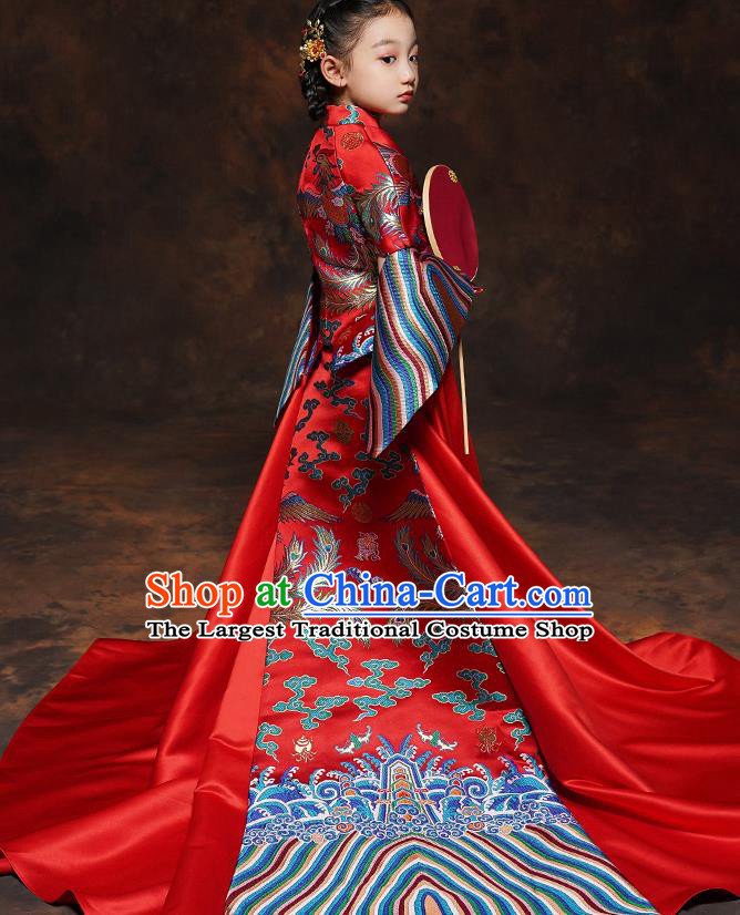 Chinese Embroidered Red Xiuhe Suits Girl Bridesmaid Blouse and Dress Classical Dance Clothing