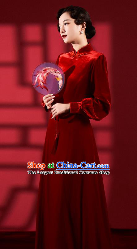 Chinese Classical Dance Red Qipao Dress Clothing Traditional Wedding Velvet Cheongsam