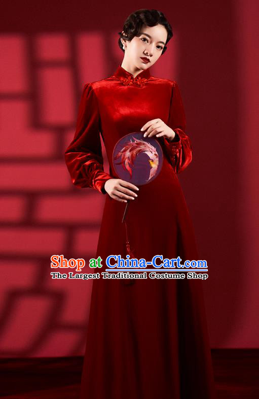 Chinese Classical Dance Red Qipao Dress Clothing Traditional Wedding Velvet Cheongsam