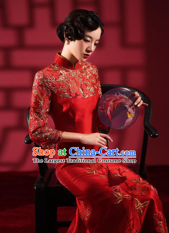 Chinese Bride Embroidered Red Qipao Dress Clothing Traditional Wedding Fishtail Cheongsam