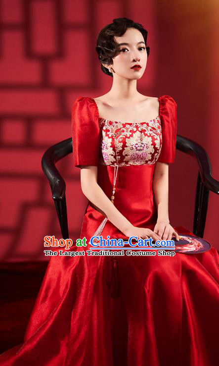 Chinese Traditional Wedding Cheongsam Clothing Bride Red Brocade Qipao Dress