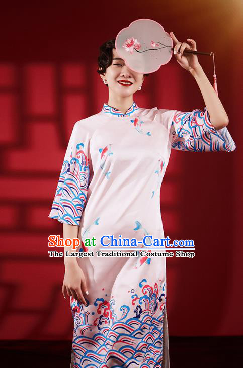 Chinese Traditional Wedding Bridesmaid Cheongsam Clothing Printing Pink Brocade Qipao Dress