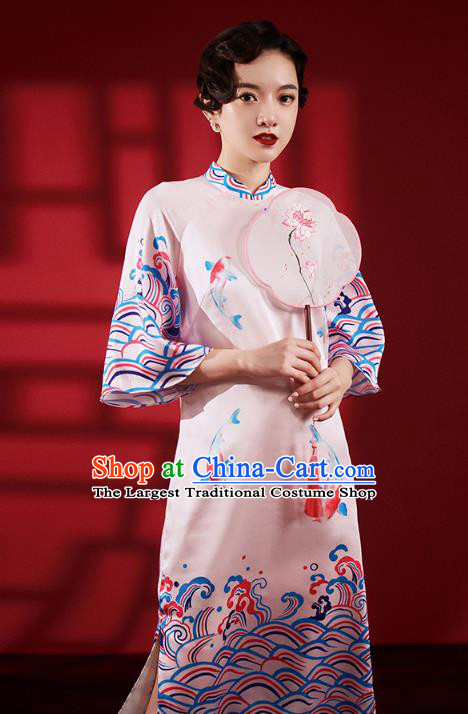 Chinese Traditional Wedding Bridesmaid Cheongsam Clothing Printing Pink Brocade Qipao Dress