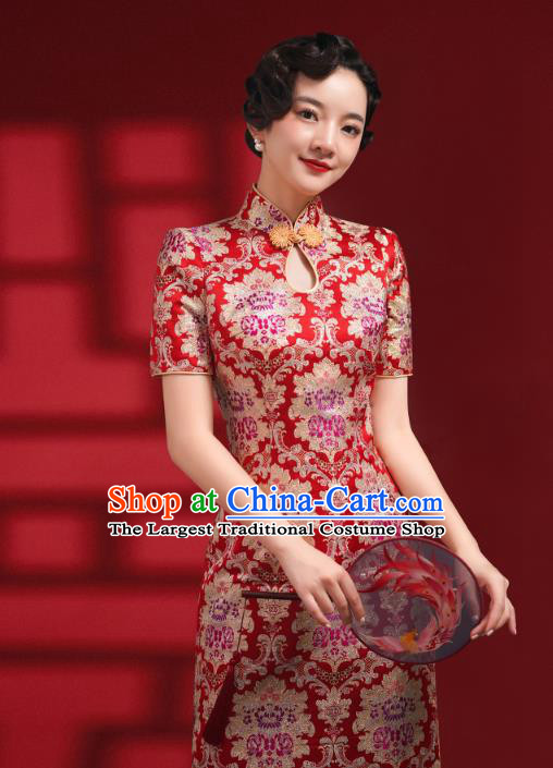 Chinese Classical Red Brocade Qipao Dress Traditional Wedding Bride Cheongsam Clothing
