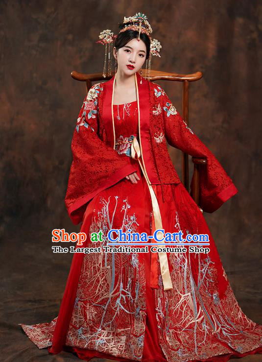 China Traditional Tang Dynasty Empress Wedding Costumes Ancient Bride Embroidered Red Hanfu Dress