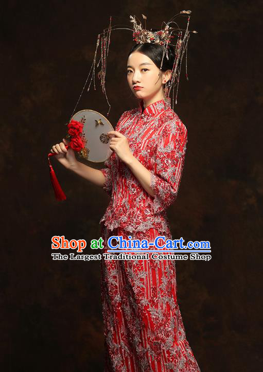 China Wedding Red Xiuhe Suits Classical Bride Costumes Traditional Toast Embroidered Slim Dress