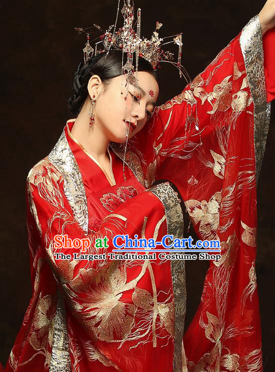 China Traditional Bride Embroidered Costumes Ancient Empress Red Hanfu Dress Classical Wedding Xiuhe Suits