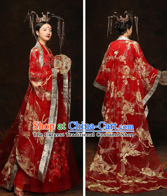 China Traditional Bride Embroidered Costumes Ancient Empress Red Hanfu Dress Classical Wedding Xiuhe Suits