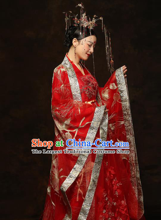 China Traditional Bride Embroidered Costumes Ancient Empress Red Hanfu Dress Classical Wedding Xiuhe Suits