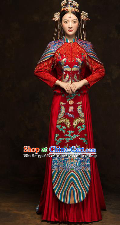 China Wedding Red Toast Dress Classical Phoenix Painting Xiuhe Suits Traditional Bride Costumes
