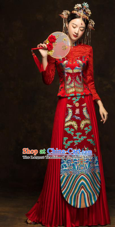 China Wedding Red Toast Dress Classical Phoenix Painting Xiuhe Suits Traditional Bride Costumes