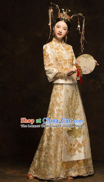 China Traditional Bride Costumes Wedding Toast Dress Classical Embroidered Phoenix Golden Xiuhe Suits