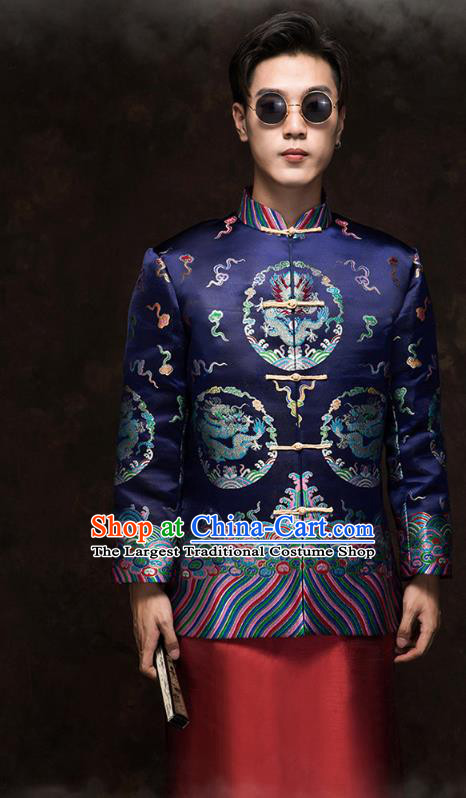 Chinese Wedding Bridegroom Tang Suit Costumes Traditional Deep Blue Mandarin Jacket and Red Long Robe