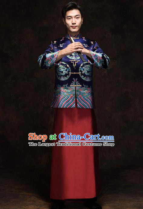 Chinese Wedding Bridegroom Tang Suit Costumes Traditional Deep Blue Mandarin Jacket and Red Long Robe