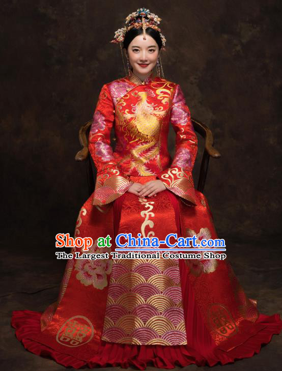 China Traditional Bride Xiuhe Suit Costumes Wedding Toast Dress Classical Embroidered Phoenix Red Blouse and Skirt