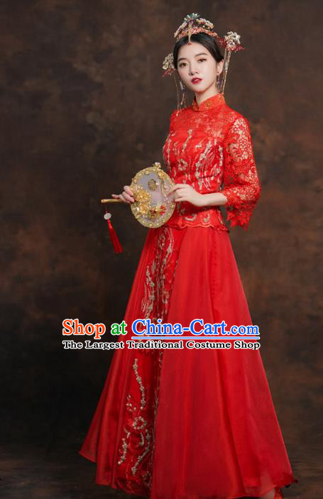 China Classical Bride Costumes Toast Dress Traditional Wedding Red Lace Xiuhe Suits