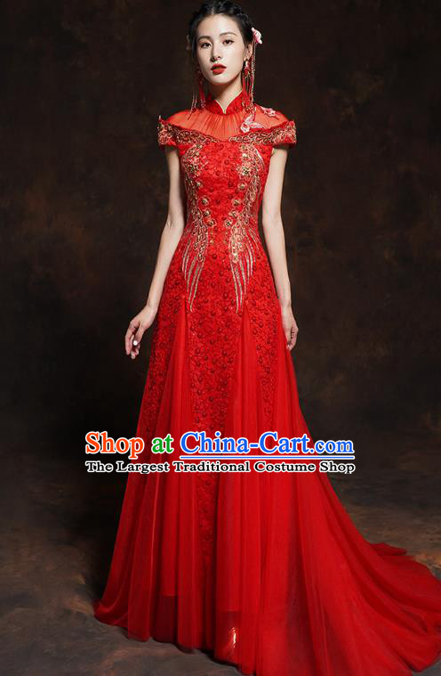 Chinese Classical Embroidered Red Toast Dress Traditional Wedding Bride Cheongsam Clothing
