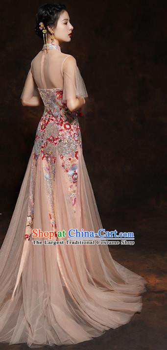 Chinese Traditional Wedding Bride Champagne Veil Cheongsam Clothing Classical Embroidered Sequins Toast Dress