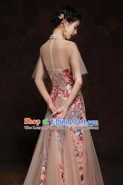 Chinese Traditional Wedding Bride Champagne Veil Cheongsam Clothing Classical Embroidered Sequins Toast Dress