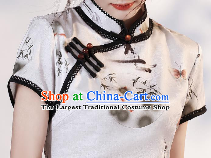 Chinese Young Lady Short Cheongsam Clothing Modern Dance Printing Cranes White Qipao Dress