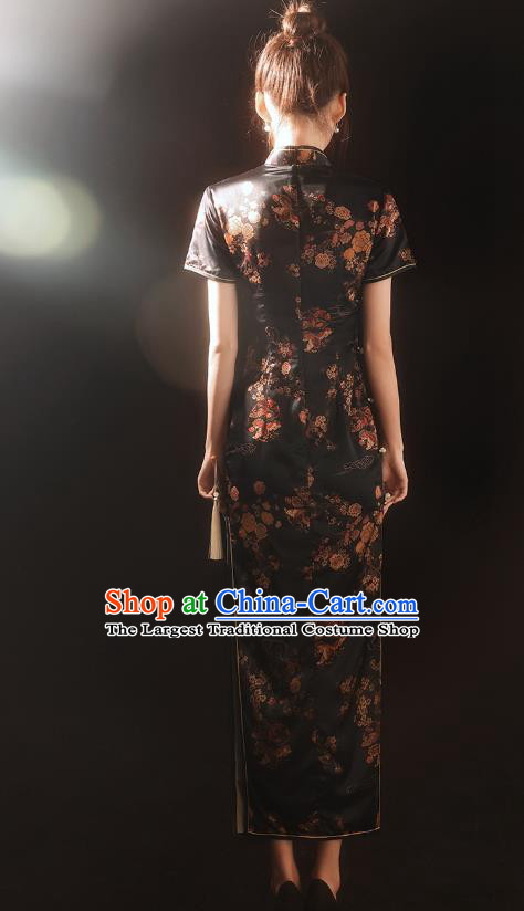 China Traditional Printing Plum Blossom Qipao Dress National Stage Performance Black Silk Cheongsam