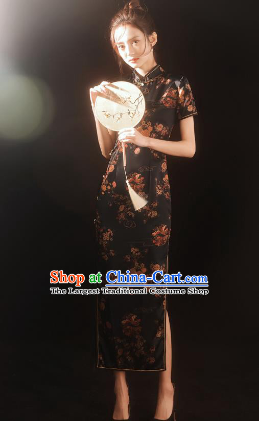 China Traditional Printing Plum Blossom Qipao Dress National Stage Performance Black Silk Cheongsam