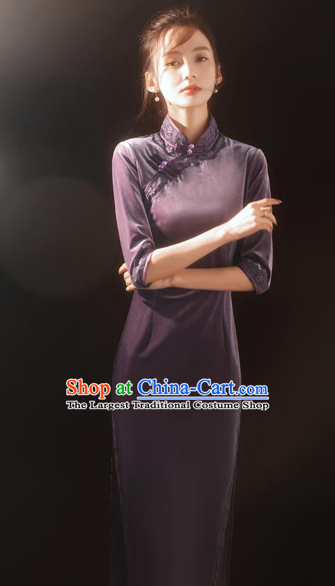 China Traditional Purple Velvet Qipao Dress National Stage Performance Stand Collar Cheongsam