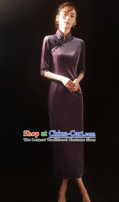 China Traditional Purple Velvet Qipao Dress National Stage Performance Stand Collar Cheongsam