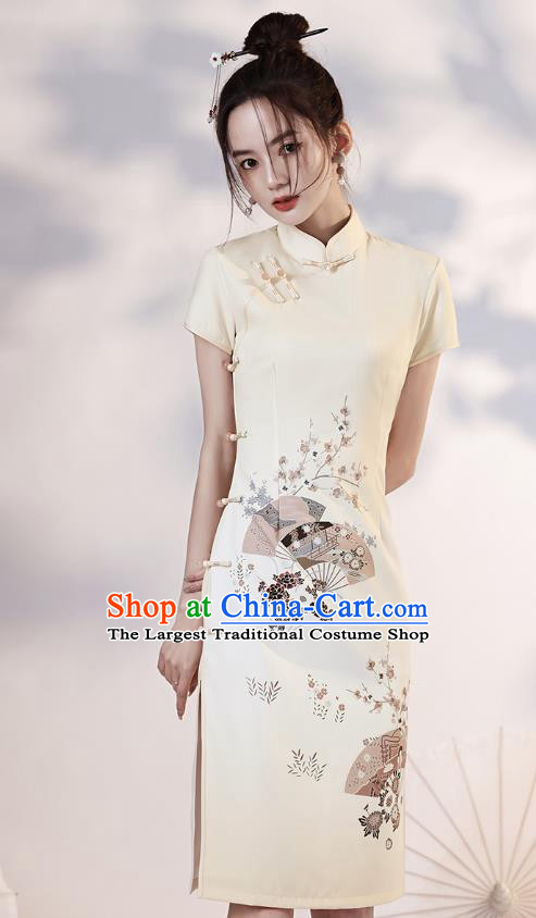 Chinese Young Lady Light Yellow Short Cheongsam Clothing Modern Dance Printing Plum Fan Qipao Dress