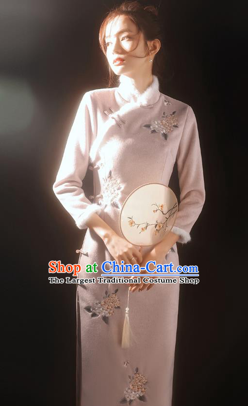 China Traditional Winter Pink Woolen Qipao Dress National Stage Performance Embroidered Cheongsam