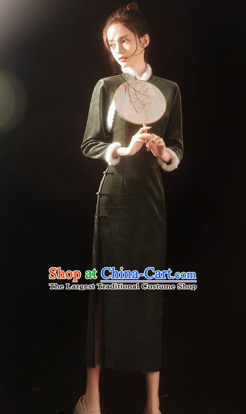 China Traditional Atrovirens Velvet Qipao Dress National Winter Stage Performance Cheongsam