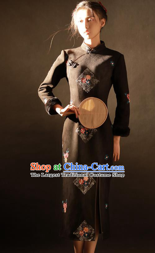 China Traditional Embroidered Black Woolen Qipao Dress National Stage Performance Classical Dance Cheongsam