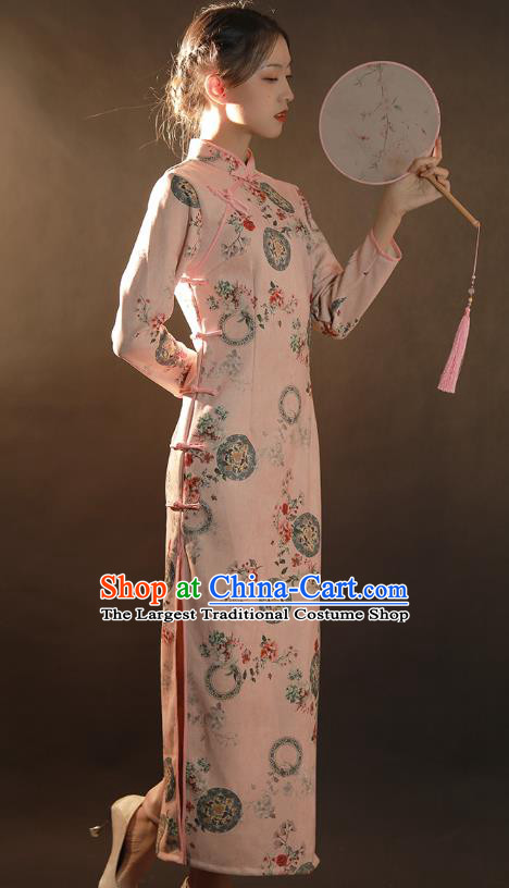 China Traditional Stage Performance Qipao Dress National Classical Dance Pink Suede Fabric Cheongsam