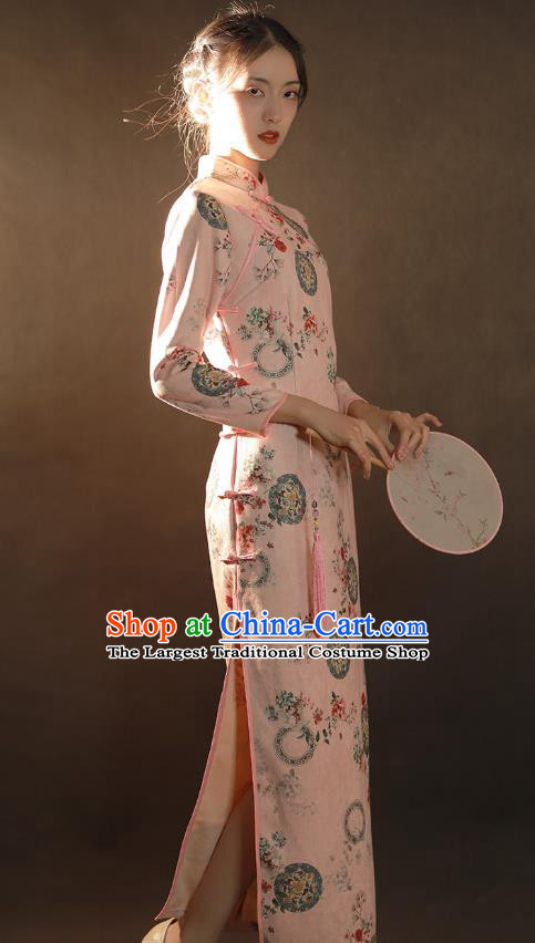 China Traditional Stage Performance Qipao Dress National Classical Dance Pink Suede Fabric Cheongsam